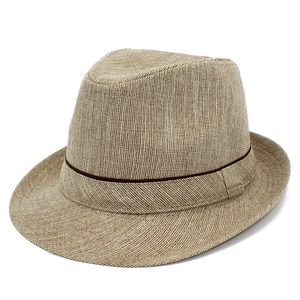 Close-up of the woven texture and brown ribbon detail on the summer fedora hat