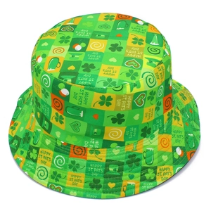 Detail of St. Patrick's Day bucket hat with green checkered pattern and clover prints