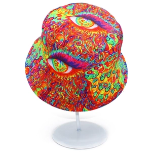 Close-up of vibrant psychedelic eye pattern on bucket hat with high-quality fabric texture