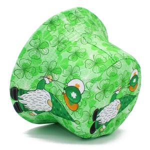 Detail view of St. Patrick's Day bucket hat with green shamrock and gnome patterns