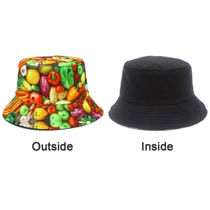 Detailed view of reversible bucket hat with vegetable print and plain black lining