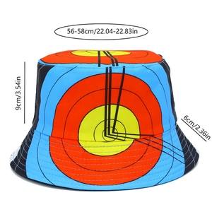Detailed size guide of colorful target pattern bucket hat with dimensions 56-58cm