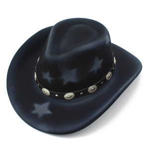 Detailed view of black cowboy hat with gradient star patterns and silver metal conchos