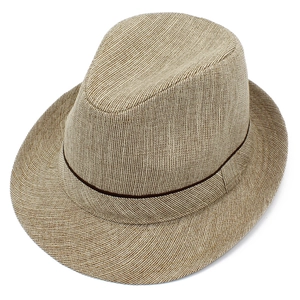 Detail view of woven texture and dark brown band on a summer straw trilby hat