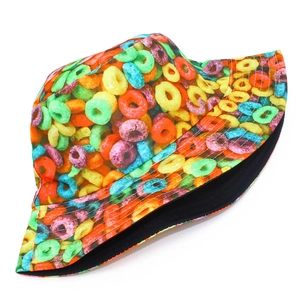 Reversible bucket hat with colorful cereal donut print and black inner lining for sun protection