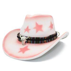 Chapeau de cowboy blanc et rose avec étoiles et ruban ethnique avec tête de taureau
