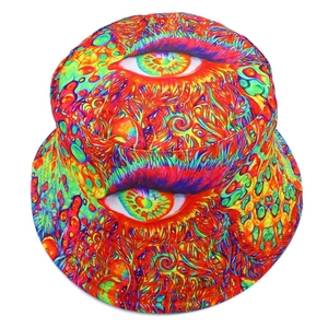 Detail of psychedelic bucket hat with colorful eye patterns and fluid texture design