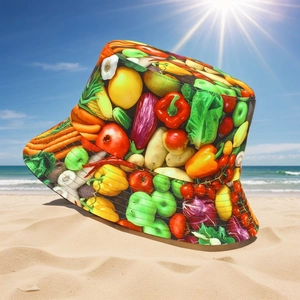 Reversible bucket hat with vibrant vegetable and fruit prints for summer sun protection