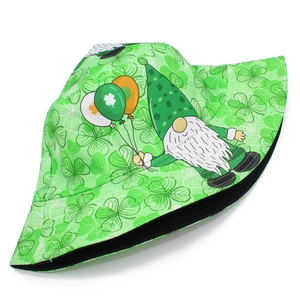 Close-up of Saint Patrick's Day green bucket hat featuring gnome and shamrock prints