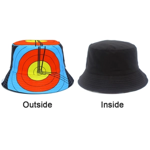 Dual-sided bucket hat detail showing colorful target pattern and plain black interior side