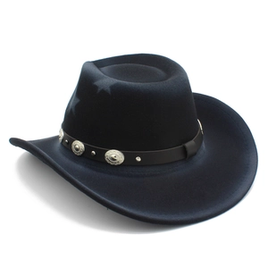 Detail of black cowboy hat with leather band, silver metal conchos and star textures
