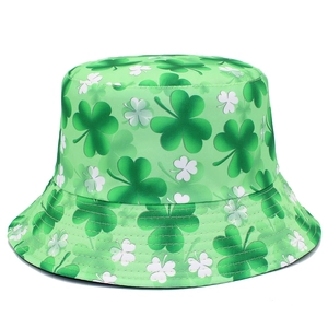 Close-up of green shamrock prints and stitch details on St. Patrick's Day bucket hat