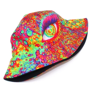 Detail view of eye pattern bucket hat with reversible black lining and psychedelic print
