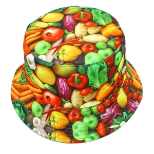 Double-sided bucket hat with colorful vegetable and fruit print for sun protection