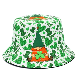 St. Patrick's Day sun hat with green shamrocks and gnome print on white cotton bucket hat