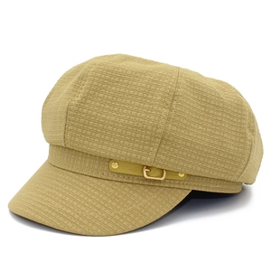 Chic khaki octagonal beret hat with textured fabric and decorative gold buckle strap