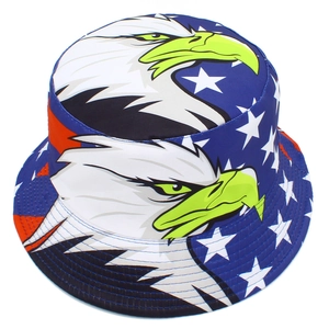 Detail view of cotton bucket hat featuring American flag and eagle head graphic print