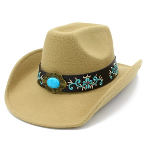 Close-up of the western cowboy hat featuring turquoise stone and bohemian embroidery