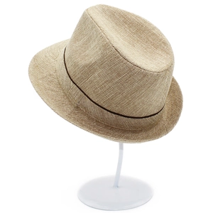 Classic beige woven straw fedora hat for men with dark brown decorative ribbon band