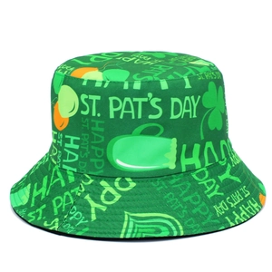 Detailed pattern of St. Patrick's Day green bucket hat with clover and beer motifs