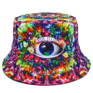 Psychadelic all-seeing eye bucket hat with vibrant colorful spiral floral pattern