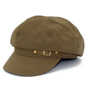 Classic brown octagonal newsboy hat with textured fabric and leather strap with gold buckle