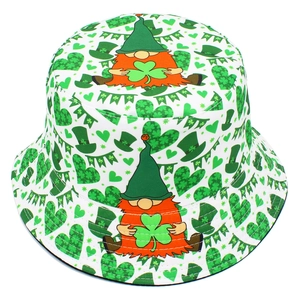 Close-up of St. Patrick's Day bucket hat with gnome and clover pattern print