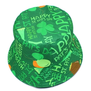 Detail view of St. Patrick's Day bucket hat showing shamrock prints and festive patterns