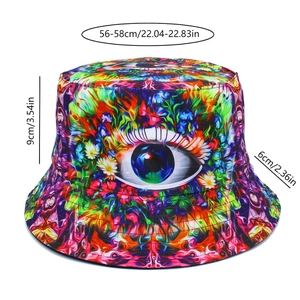 Detailed view of bucket hat with psychedelic eye pattern and size measurement indicators