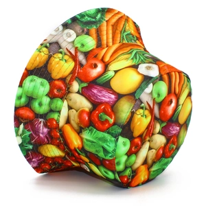 Detailed view of colorful fruit and vegetable print on a reversible sun protection bucket hat