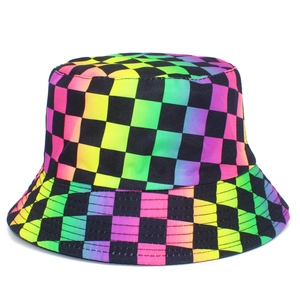 Chapeau Bob Réversible Imprimé Damier Arc-en-ciel Coton Protection Solaire Pare-soleil Chapeau de Pêcheur pour Hommes Femmes Extérieur