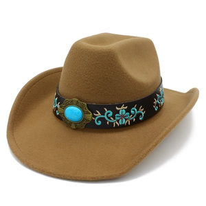Ethnic camel felt western cowboy hat with turquoise buckle and embroidered band