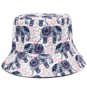 Reversible Cotton Bucket Hat Elephant Print Black Side Foldable Wide Brim Sunshade Outdoor Travel Hat For Women Men