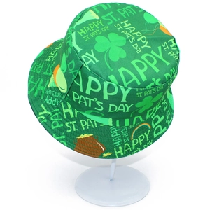 Detailed pattern of St. Patrick's Day bucket hat with shamrocks and gold pots