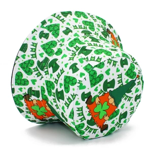 Detail view of St. Patrick's Day bucket hat with green shamrock and gnome prints