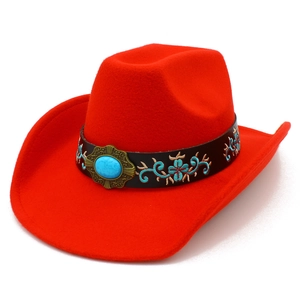 Red wool cowboy hat with turquoise stone and ethnic floral embroidery detail