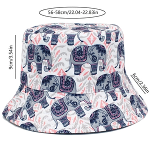 Detailed view of bohemian elephant print bucket hat with sizing specs and dimensions