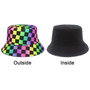 Détail du chapeau réversible montrant le motif damier arc-en-ciel et le tissu noir