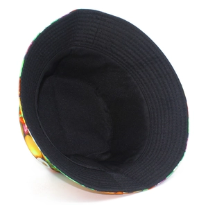 Detail of colorful fruit print bucket hat with black lining and reinforced stitched brim
