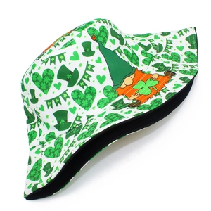Macro shot of St. Patrick's Day bucket hat showing festive shamrock and gnome print
