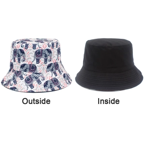 Detail of reversible bucket hat showing elephant print outside and solid black inside