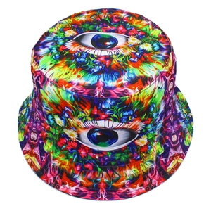 Top view of psychedelic bucket hat featuring vibrant eye patterns and trippy nebula prints