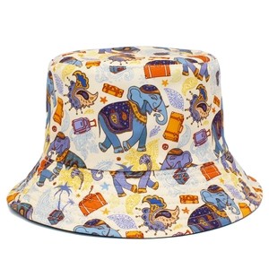 Chapeau Bob Réversible en Coton Motif Éléphant Bord Large Protection Solaire Chapeau de Pêcheur pour Voyage Plein Air Plage Mode
