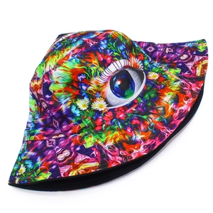 Detailed view of bucket hat with psychedelic eye print and vibrant colorful patterns