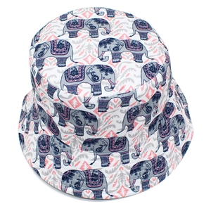 White bucket hat with pink and grey elephant prints in bohemian tribal pattern
