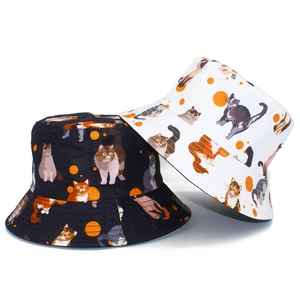 Cute Cartoon Cat Print Reversible Bucket Hat Cotton Sun Protection Wide Brim Flat Top Outdoor Travel Hat For Women Men