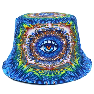 Psychedelic eye pattern bucket hat with heart pupils for streetwear in vibrant colors