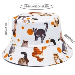 Detailed size measurement showing cat print bucket hat dimensions with 56-58cm circumference