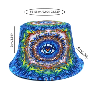 Detailed size specifications for the psychedelic eye pattern bucket hat in blue and yellow
