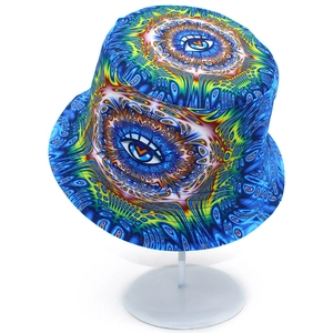 Close-up of psychedelic evil eye pattern on a high-quality bucket hat for streetwear